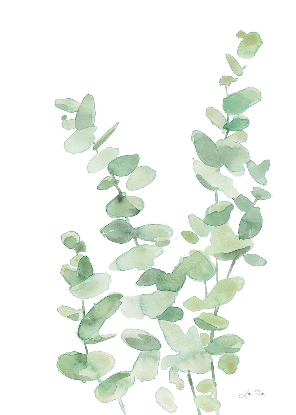 Katrina Pete, Eucalyptus II (Blätter, Zweige, Pflanze, Eukalyptus, Aquarell, Malerei, Wunschgröße, Treppenhaus, pastell-grün)