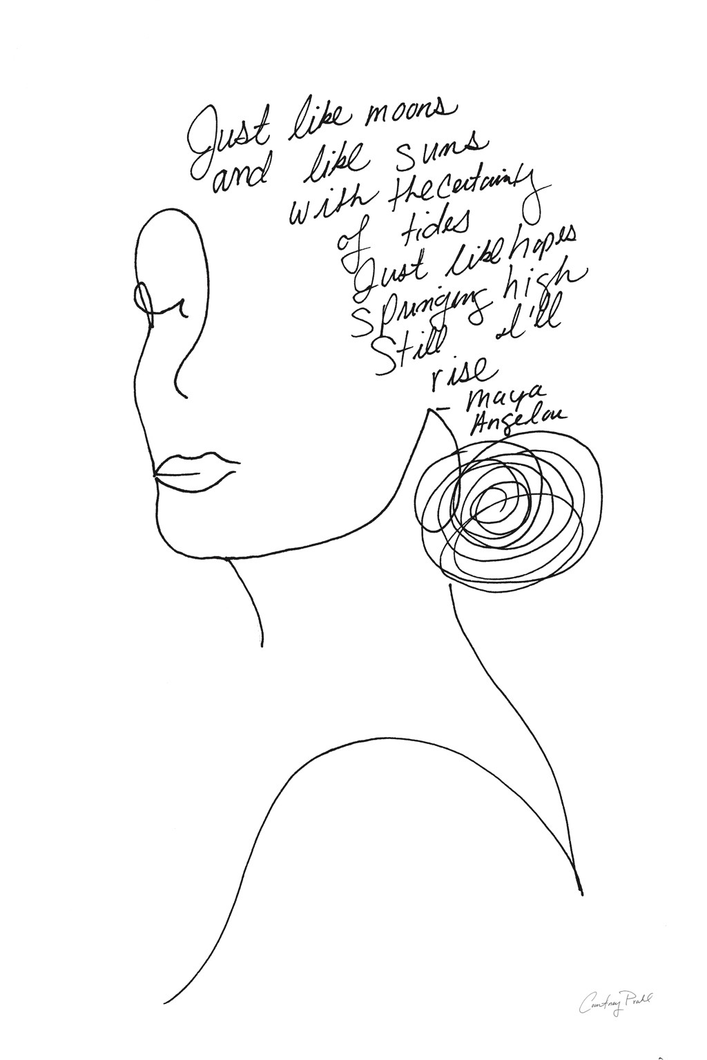 Courtney Prahl, Still I Will Rise (Frau, Maya Angelou, Portrait, Zeichnung, Linien, reduziert, Inspiration, Spruch, Grafik, modern, Treppenhaus, Wunschgröße, schwarz/weiß)