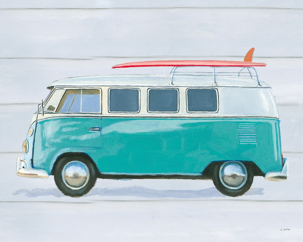 James Wiens, Beach Ride X (Auto, VW-Bus, Bulli, Nostalgie, Urlaub, Surfbrett, Dachgepäck,Treppenhaus, Wohnzimmer,)