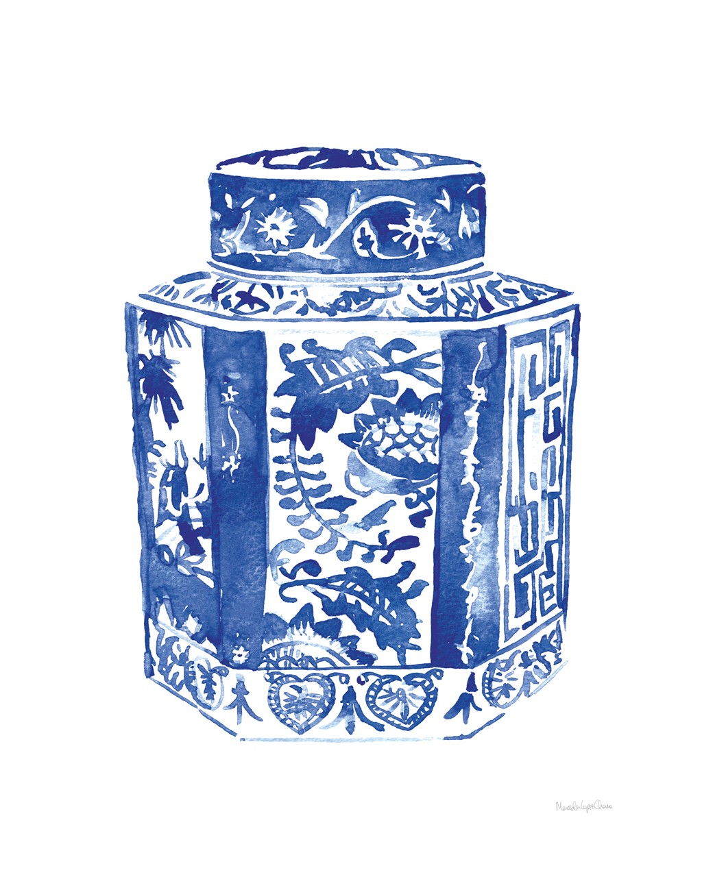 Mercedes Lopez Charro, Chinoiserie Vase I (Vase, Deckelvase, Dose, China, asiatisch, Ornamente, Wunschgröße, Aquarell, Gegenstand, Esszimmer, blau/weiß)