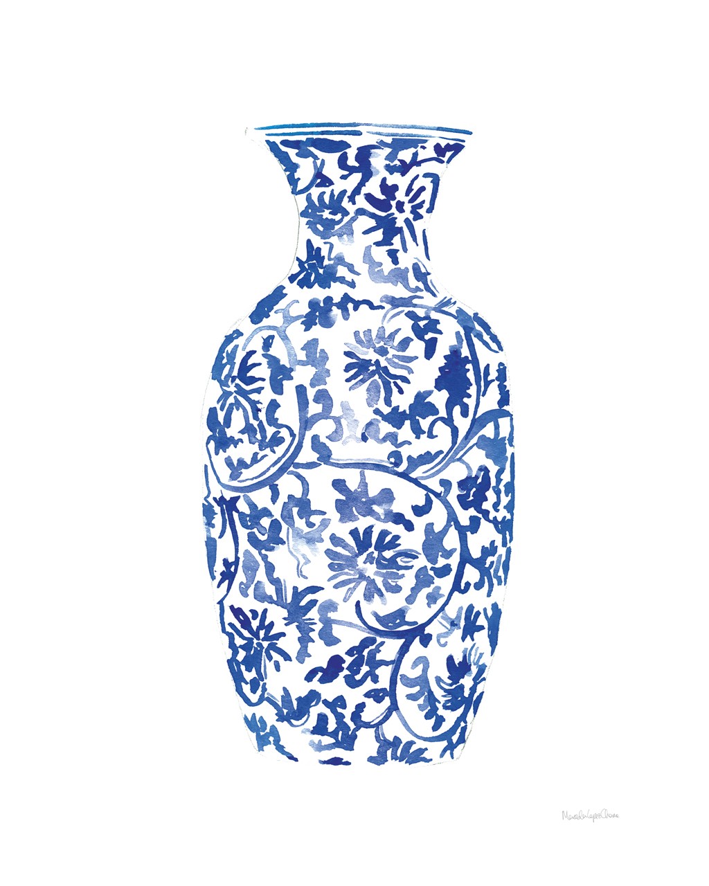 Mercedes Lopez Charro, Chinoiserie Vase II (Vase, Blumenvase, China, asiatisch, florale Ornamente, Wunschgröße, Aquarell, Gegenstand, Esszimmer, Treppenhaus, blau/weiß)