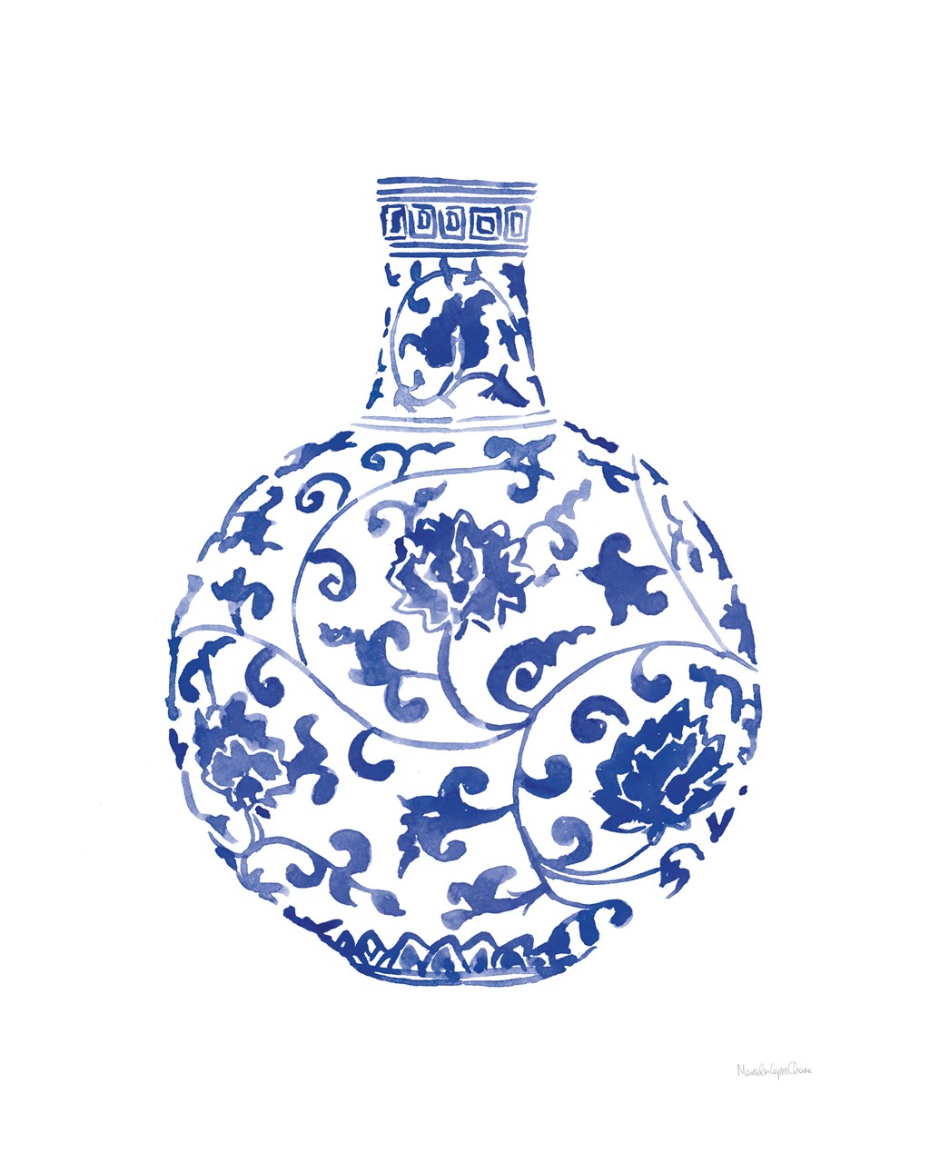Mercedes Lopez Charro, Chinoiserie Vase III (Vase, Blumenvase, China, asiatisch, florale Ornamente, Wunschgröße, Aquarell, Gegenstand, Esszimmer, Treppenhaus, blau/weiß)