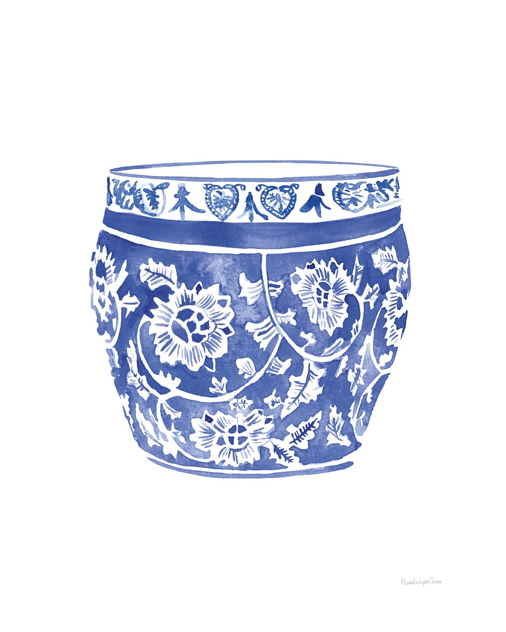 Mercedes Lopez Charro, Chinoiserie Vase IV (Vase, Keramiktopf, China, asiatisch, florale Ornamente, Wunschgröße, Aquarell, Gegenstand, Esszimmer, Treppenhaus, blau/weiß)