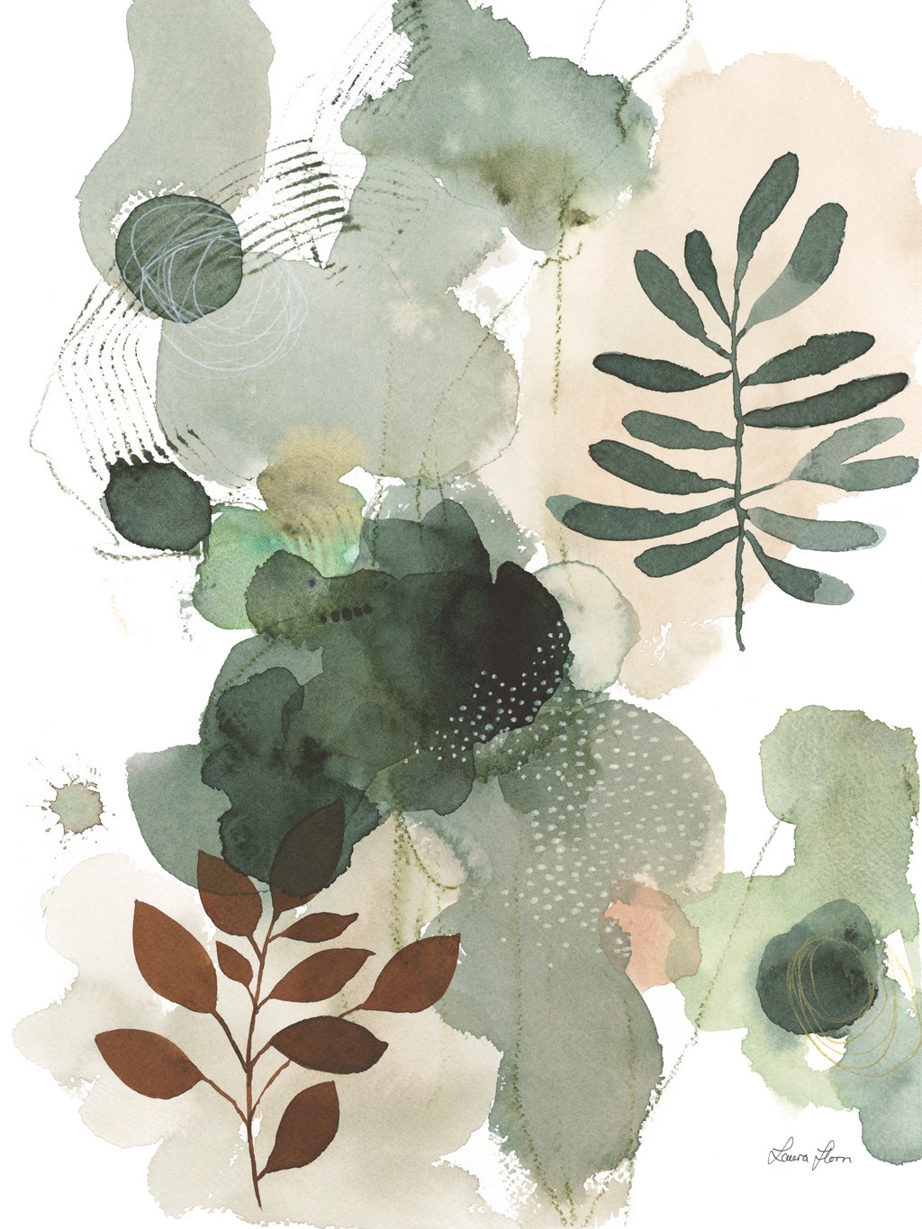 Laura Horn, Sage Bliss I (Abstrakt, Abstrakte Kunst, florales Motiv, Blätter, Farbkleckse, Wunschgröße, Wohnzimmer, Treppenhaus, Aquarell, bunt)