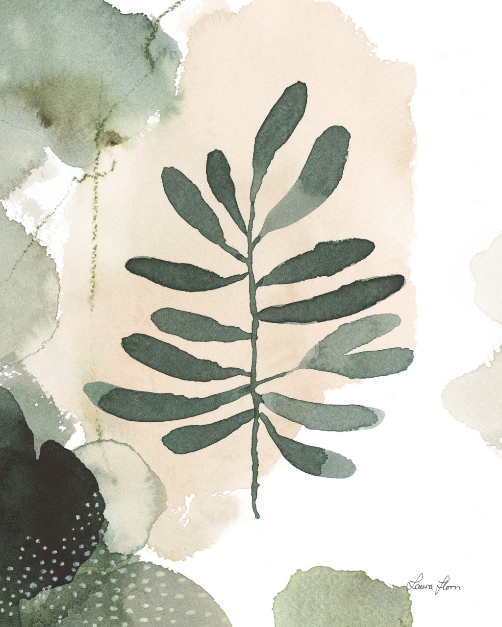 Laura Horn, Sage Bliss III (Abstrakt, Abstrakte Kunst, florales Motiv, Blätter, Farbkleckse, Wunschgröße, Wohnzimmer, Treppenhaus, Aquarell, bunt)