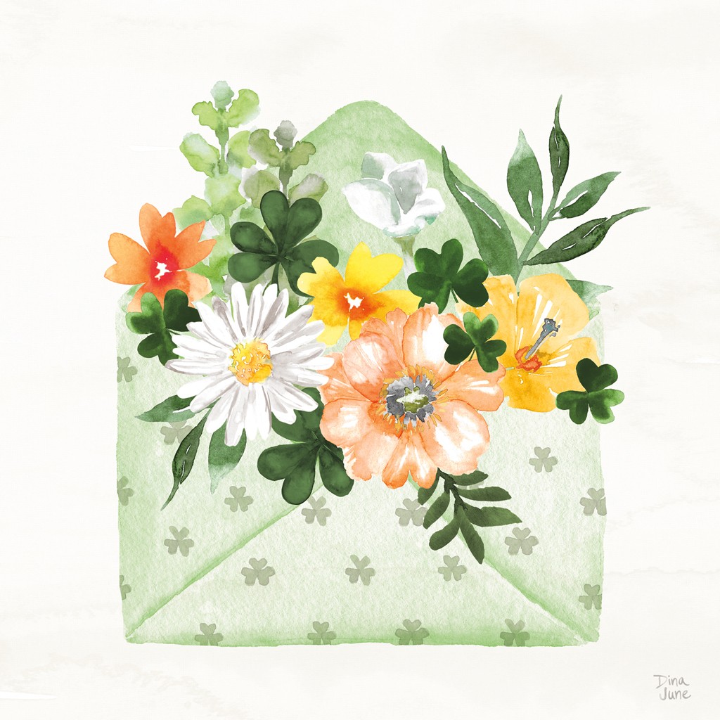 Dina June, Lucky Charm I (Wunschgröße, Malerei, Briefumschlag, Blumen,  Blüten, Blütenblätter, zart, filigran, Aquarell, Treppenhaus, Esszimmer, Wohnzimmer, bunt)