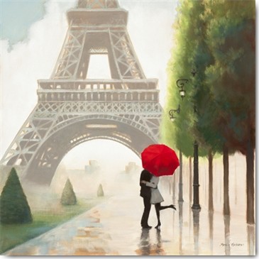 Marco Fabiano, Paris Romance II (Wunschgröße, Malerei, Städte, Paris, Frankreich, Regen, Spaziergang, Sommer, Umarmung, romantisch, verliebtes Paar, Eiffelturm, Regenschirm, Wohnzimmer, Treppenhaus, bunt)