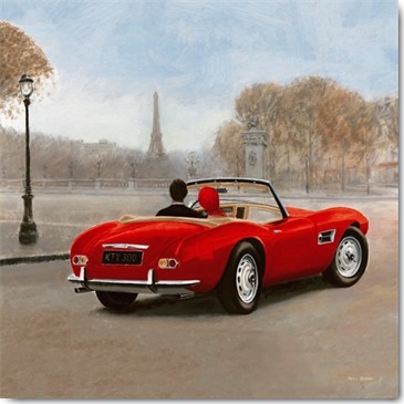 Marco Fabiano, A Ride in Paris III (Wunschgröße, Malerei, Städte, Paris, Frankreich,Nostalgie, Auto, Sportwagen, Cabrio, Spazierfahrt, Sommer, romantisch, verliebtes Paar, Eiffelturm, Wohnzimmer, Treppenhaus, bunt)