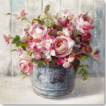 Danhui Nai, Garden Blooms I (Wunschgröße, Malerei, Stillleben, bunter Strauß, Rosen, Blüten, Blumen, Zinktopf, Nostalgie,  Wohnzimmer, Bistro, Schlafzimmer, Wintergarten, Treppenhaus, bunt)