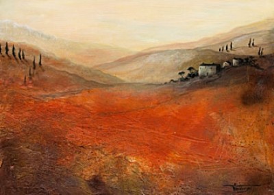 Anne Waldvogel, Toskana I (Malerei, Landschaften, Natur, Stillleben, Morgenlicht, Dunst, Italien, Toskana, Zypressen, Bar, Bistro, Wohnzimmer, Büro, bunt)