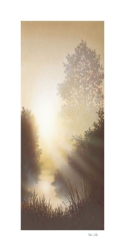 Peter Walsh, EARLY SPRING I (Malerei, Landschaft, Natur mystisch, Frühling, Sonnenlicht, Sonnenstrahlen, Dunst, Nebel, diffus, Lichtspiel, Treppenhaus, Schlafzimmer, Wohnzimmer, bunt)