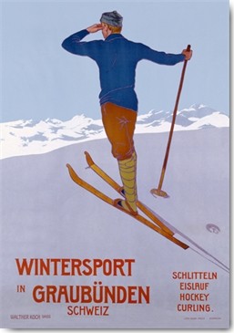 Walther Koch, Wintersport in Graubünden (Wunschgröße, Plakatkunst, wintersport, Tourismus, Skiläufer, Schweiz, Treppenhaus, Reisbüro, bunt)