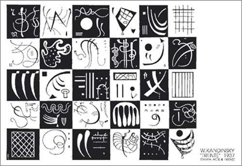 Wassily Kandinsky, Trente, 1937 (Büttenpapier) (Klassische Moderne, Malerei, abstrakte Kunst, Schachbrettmuster, geometrische Formen, abstrakte Muster, Linien, Kreise,  Wellenlinien, Balken, Bögen, Wohnzimmer, Büro, Arztpraxis, schwarz / weiß)