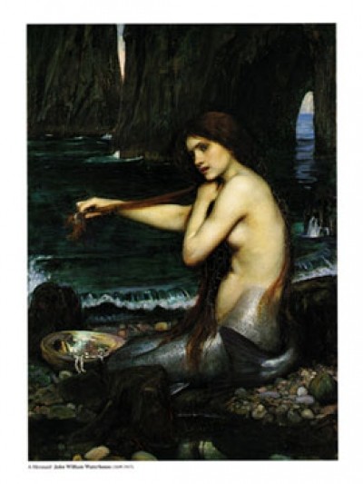 John William Waterhouse, A Mermaid (Malerei, Mythologie, Meerjungfrau, Akt, nackt, Fantasie, Märchen, Schönheit, Meer, Grotte, Symbolismus, Klassiker, Präraffaeliten, Schlafzimmer, bunt)