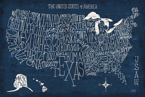 Michael Mullan, Hand Lettered US MAP Blueprint (USA, United States of America, Landkarte, Bundesländer, Typographie, Büro, Jugenszimmer, Wohnzimmer, Grafik, Wunschgröße, bunt)