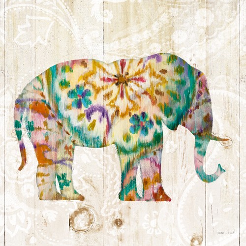 Danhui Nai, Boho Paisley Elephant I (Elefant, Blumenmuster, exotisch, Hippie, Holzpanele, Wunschgröße, Malerei,  Schlafzimmer, Wohnzimmer, Treppenhaus, bunt)