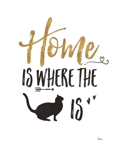 Véronique Charron, Pet Love III (Katze, Spruch, Weisheit, Lebensphilosopie, Haustier, Zuhause, Kalligrafie, Treppenhaus, Grafik, schwarz/weiß, gold)