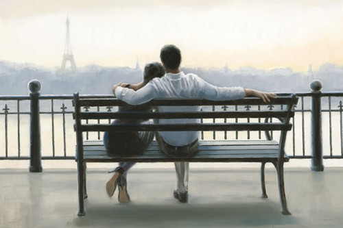 Myles Sullivan, Parisian Afternoon (Liebespaar, Zärtlichkeit, Bank, Fluß, Seine, Aussicht, Eiffelturm, Paris, Eleganz, Sommer, Nostalgie, American Scene, Realismus, Malerei, Treppenhaus, Schlafzimmer, Wohnzimmer, bunt)