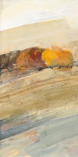 Albena Hristova, Coming Home II (Landschaft, Felder, Herbst, Zuhause, abstrahiert, modern, Wunschgröße, Aquarell, Wohnzimmer, Treppenhaus, bunt)