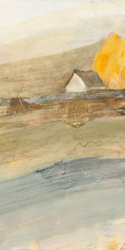 Albena Hristova, Coming Home III (Landschaft, Felder, Haus, Einsamkeit, Herbst, Zuhause, abstrahiert, modern, Wunschgröße, Aquarell, Wohnzimmer, Treppenhaus, bunt)