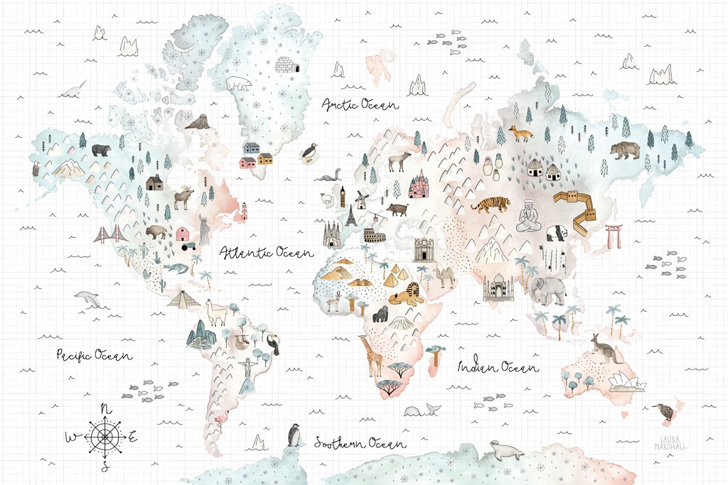 Laura Marshall, World Traveler (Weltkarte, Kontinente, Ozeane, Fauna, Tiere, naive Malerei, Rechenpapier, Kinderzimmer, Schule, Wunschgröße)