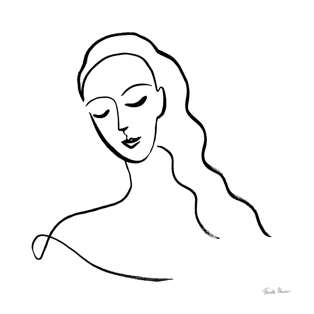 Farida Zaman, Faces III (Gesicht, Frau, reduziert, Linie, modern, abstrahiert, Wunschgröße, Treppenhaus, schwarz/weiß)