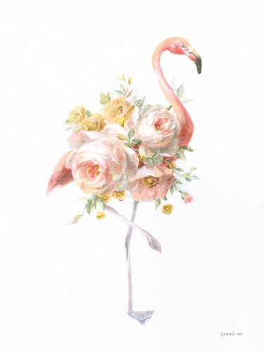 Danhui Nai, Floral Flamingo I (Flamingo, Stelzvogel, Blumen, Blüten, Rosen, Wunschgröße, Malerei,  Treppenhaus, Schlafzimmer, pastell - bunt)