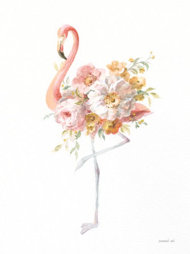 Danhui Nai, Floral Flamingo II (Flamingo, Stelzvogel, Blumen, Blüten, Rosen, Wunschgröße, Malerei,  Treppenhaus, Schlafzimmer, pastell - bunt)