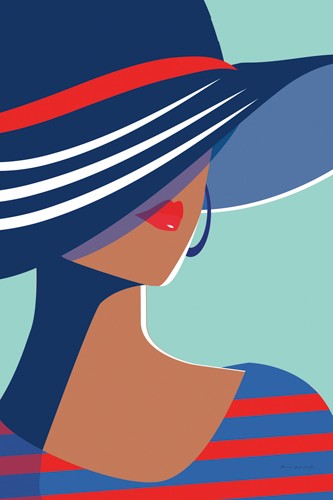 Omar Escalante, Beach Chic I (Halb-Portrait, Frau, Hut, Eleganz, plakativ, Grafic design, zeitgenössich, Nostalgie, Wohnzimmer, Treppenhaus, Wunschgröße, bunt)
