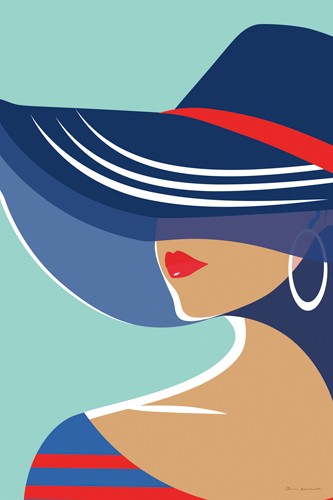 Omar Escalante, Beach Chic II (Halb-Portrait, Frau, Hut, Eleganz, plakativ, Grafic design, zeitgenössich, Nostalgie, Wohnzimmer, Treppenhaus, Wunschgröße, bunt)