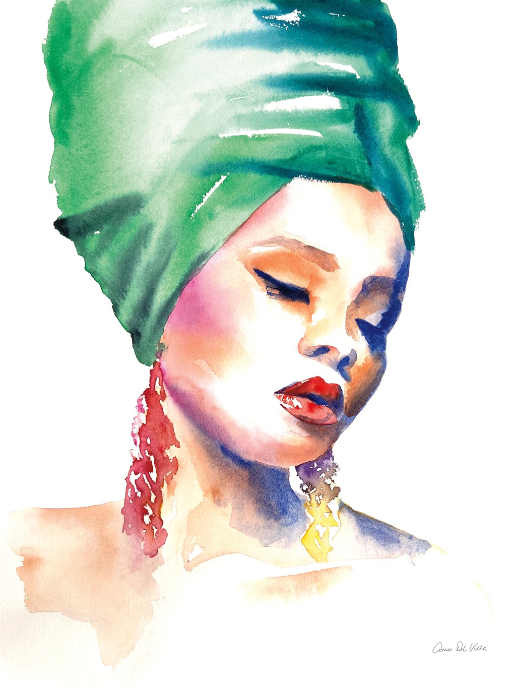 Aimee del Valle, Woman in Green (Portrait, Frau, Turban, Schönheit, Aquarell, Malerei, Wunschgröße, Treppenhaus, Wohnzimmer, Tanzschule, bunt)