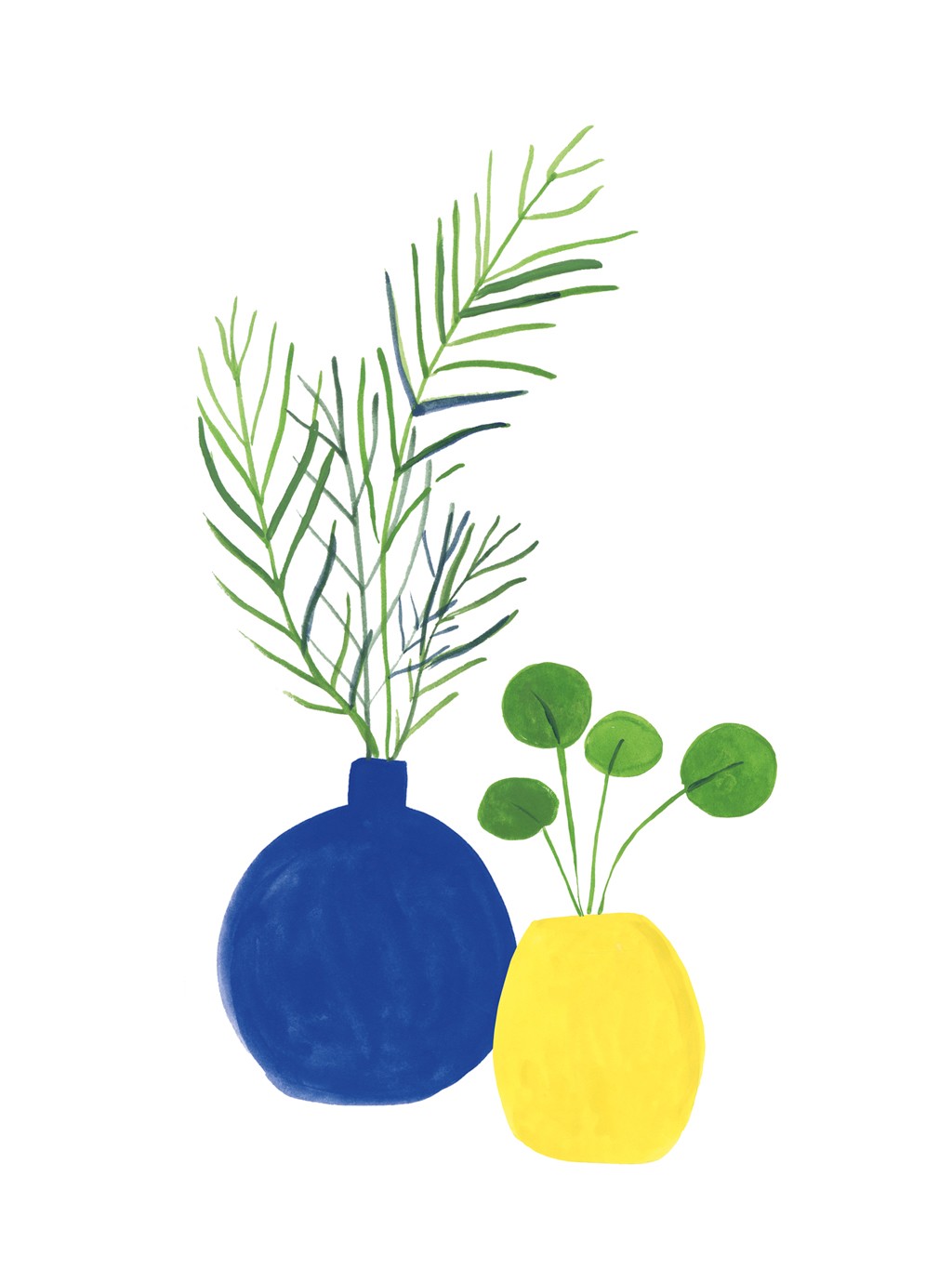 Farida Zaman, Potted I (Stillleben,Blumenvase, Zweige, Blätter, reduziert, flach, modern, zeitgenössisch, Wunschgröße, Treppenhaus, Esszimmer, blau/gelb)