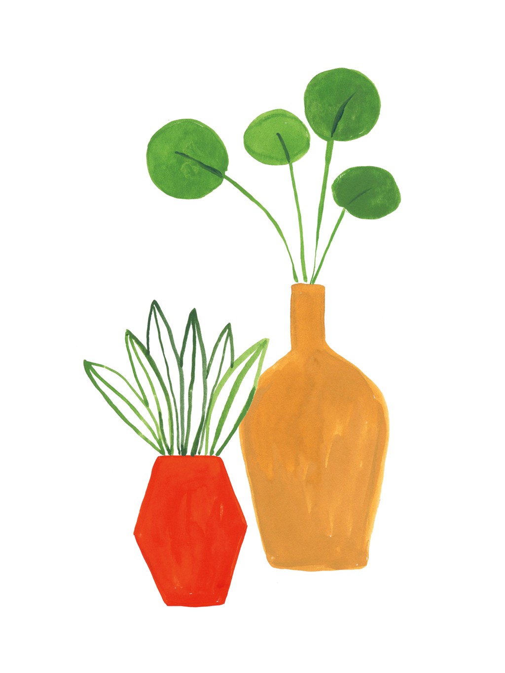 Farida Zaman, Potted II (Stillleben,Blumenvase, Zweige, Blätter, reduziert, flach, modern, zeitgenössisch, Wunschgröße, Treppenhaus, Esszimmer, orange/ocker)