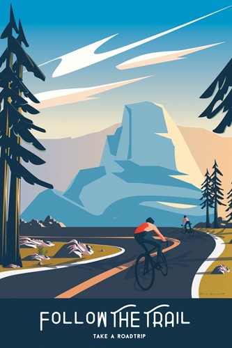 Omar Escalante, Follow the Trail (Landschaft, Berg, Radfahren, Radsport, Plakat, plakativ, Grafic design, zeitgenössich, Nostalgie, Wohnzimmer, Treppenhaus, Wunschgröße, bunt)
