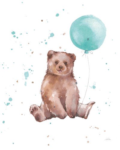 Katrina Pete, Festive Bear (Bär, Baby-Bär, Luftballon, Tier, Tierportrait, niedlich, Aquarell, Malerei, Wunschgröße, Kinderzimmer, bunt)
