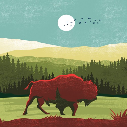 Omar Escalante, Great Outdoors II (Landschaft, Hügel, Silhouette, Bison, Rind, plakativ, Grafic design, zeitgenössich, Nostalgie, Wohnzimmer, Treppenhaus, Wunschgröße, bunt)
