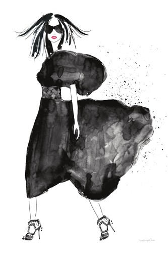 Mercedes Lopez Charro, Uptown Fashion I (Frau, Mode, Modezeichnung,  Kleid, Extravaganz, coolness, Sonnenbrille, Wunschgröße, Aquarell, Treppenhaus, schwarz/weiß)