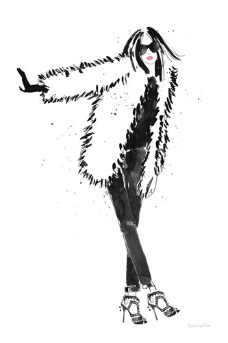 Mercedes Lopez Charro, Uptown Fashion II (Frau, Mode, Modezeichnung,  Felljacke, Handschuhe, Extravaganz, coolness, Sonnenbrille, Wunschgröße, Aquarell, Treppenhaus, schwarz/weiß)