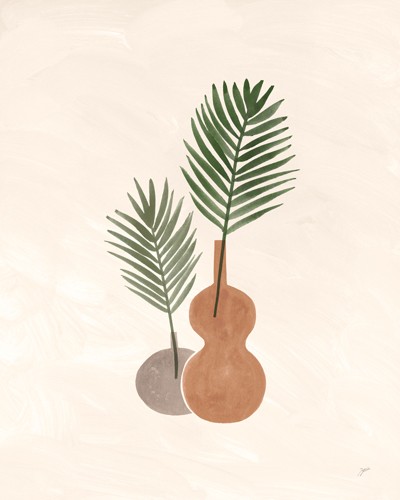 Karyn Panganiban, Palm Vessels I (Stillleben, Vasen, Palmblätter, modern, reduziert, flach, Wunschgröße, Treppenhaus, Esszimmer,)