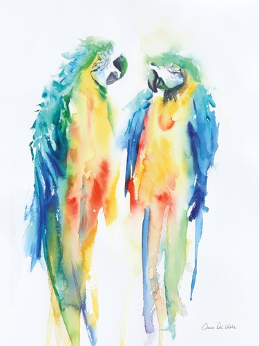 Aimee del Valle, Colorful Parrots I (Papageien, Aras, Vögel, exotisch, Aquarell, Malerei, Wunschgröße, Treppenhaus, Wohnzimmer, bunt)