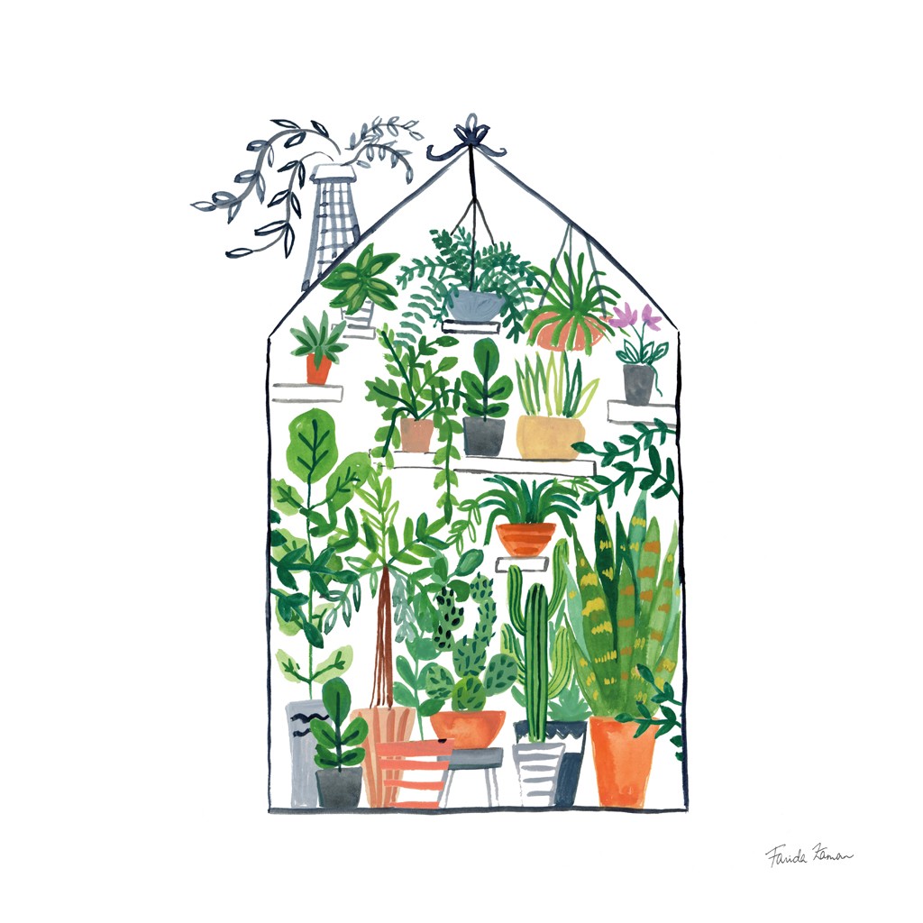 Farida Zaman, Greenhouse I (Pflanzen, Topfpflanzen, Gewächshaus, Botanik, Blumentöpfe, modern, Wunschgröße, Malerei, Treppenhaus,)