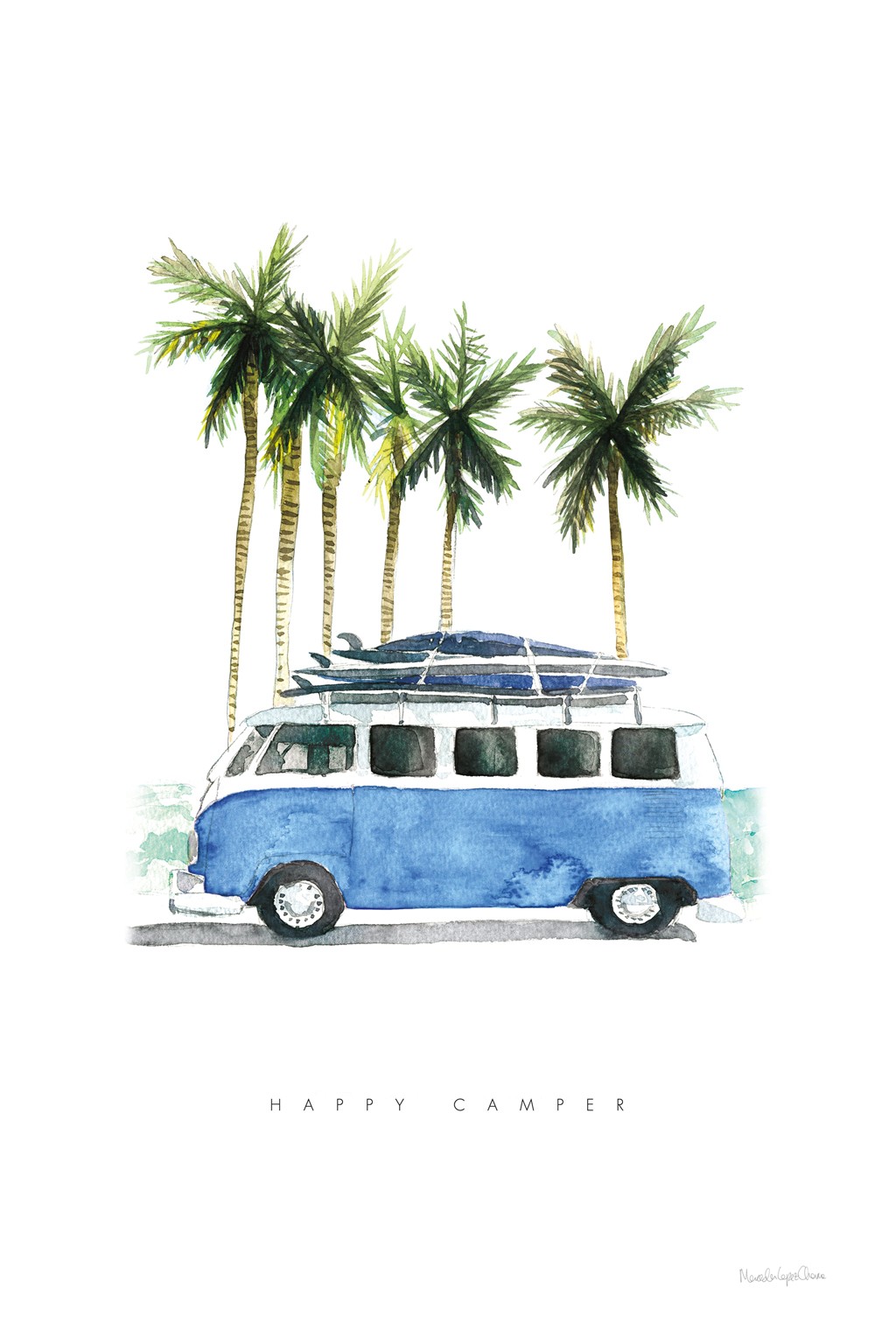 Mercedes Lopez Charro, Surf Days II (Auto, VW-Bus, Bully, Palmen, Urlaub, Surfbretter, Unterwegs, Reise, Aquarell, Wunschgröße, Wohnzimmer, Jugendzimmer)