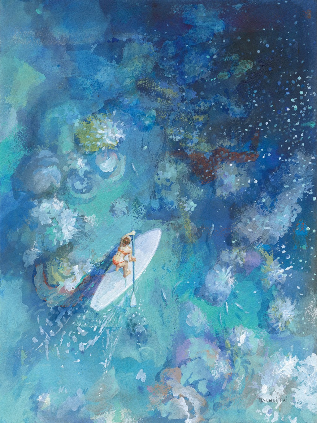 Danhui Nai, Paddle Board Exploring I (Standup paddling, Wassersport, SUP, Surfbrett, Wasser, Frau, Perspektive, Vogelperspektive, See, Wasser, Wunschgröße, Malerei, Wohnzimmer, Treppenhaus, bunt)