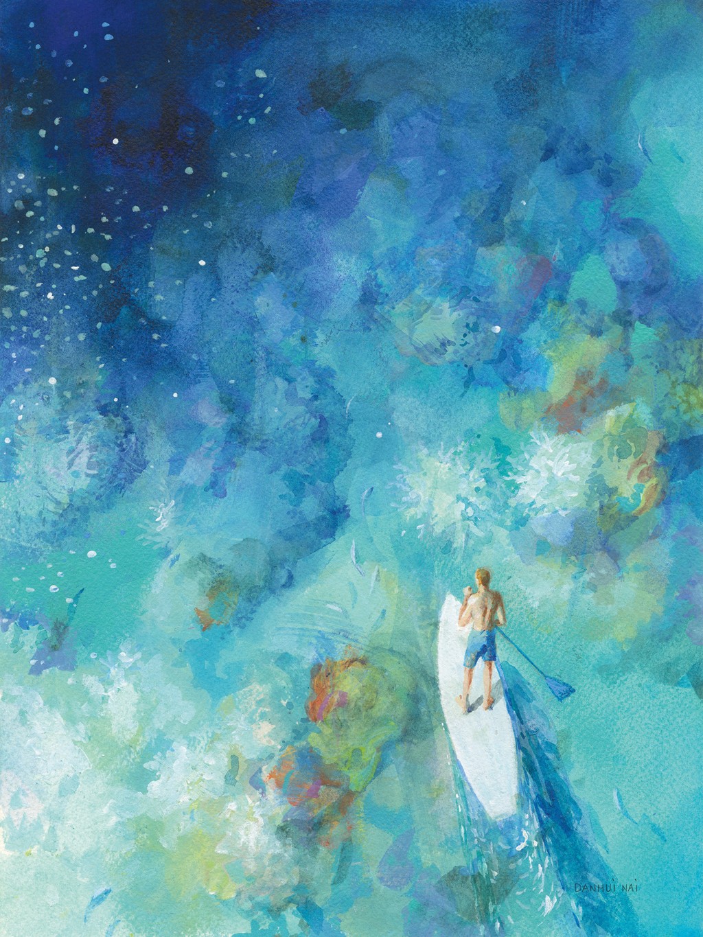 Danhui Nai, Paddle Board Exploring II (Standup paddling, Wassersport, SUP, Surfbrett, Wasser, Mann, Perspektive, Vogelperspektive, See, Wasser, Wunschgröße, Malerei, Wohnzimmer, Treppenhaus, bunt)