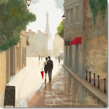 Marco Fabiano, Paris Romance I (Wunschgröße, Malerei, Städte, Paris, Frankreich, Spaziergang, Sommer, romantisch, verliebtes Paar, Eiffelturm, Regenschirm, Wohnzimmer, Treppenhaus, bunt)