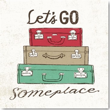 Oliver Towne, Road Trip Luggage (Retro, 68er, Koffer, Aufbruch, Freiheit, Wohnzimmer, Jugendzimmer, Wunschgröße, Grafik, grau/bunt)