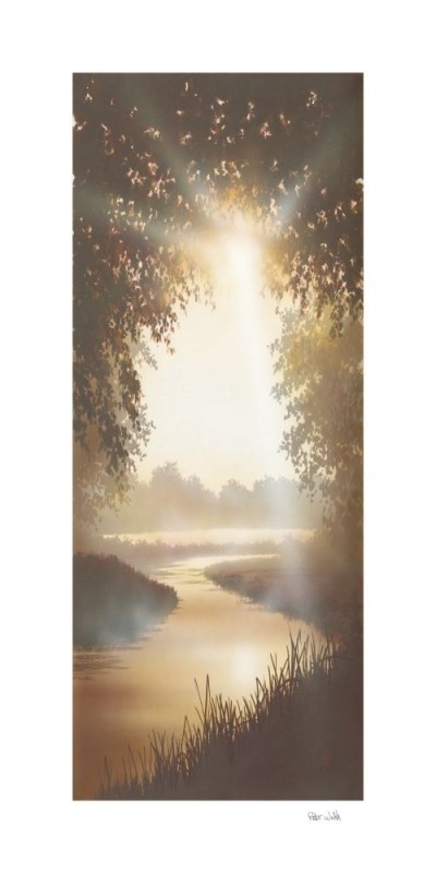 Peter Walsh, EARLY SPRING II (Malerei, Landschaft, Natur mystisch, Flusslandschaft, Frühling, Sonnenlicht, Sonnenstrahlen, Dunst, Nebel, diffus, Lichtspiel, Treppenhaus, Schlafzimmer, Wohnzimmer, bunt)