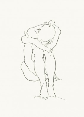 Werner Maier, Akt 4 (Akt, Zeichnung, Erotik, hockende Frau, kauernd, Studie, Skizze, People & Eros, nackt, Schlafzimmer, Wunschgröße, schwarz/weiß)