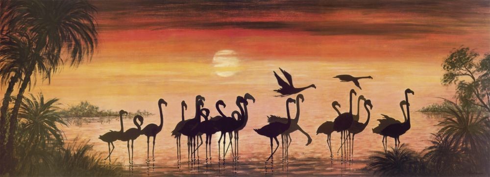 Werner, FLAMINGOS IN THE SUNSET (Malerei, modern, Landschaft, Afrika, Flamingos, Sonnenuntergang, Vögel, Silhouetten, Schlafzimmer, Wohnzimmer, orange / rot / schwarz)