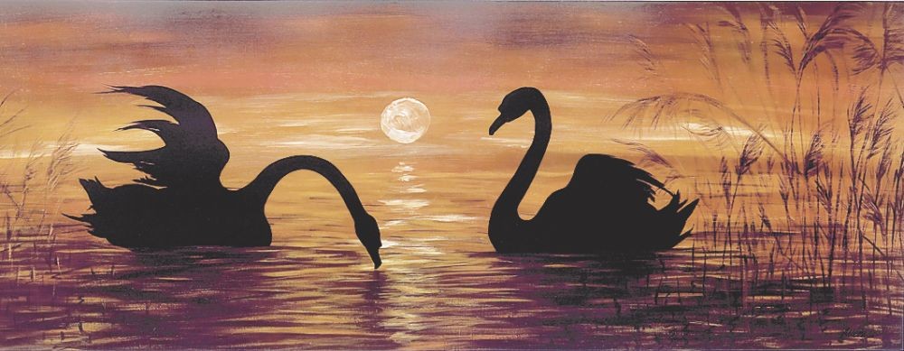 Werner, SWANS IN THE SUNSET (Malerei, modern, Landschaft, See, Schwäne, Sonnenuntergang, Vögel, Wasservögel, Eleganz, Silhouetten, Schlafzimmer, Wohnzimmer, orange /schwarz)